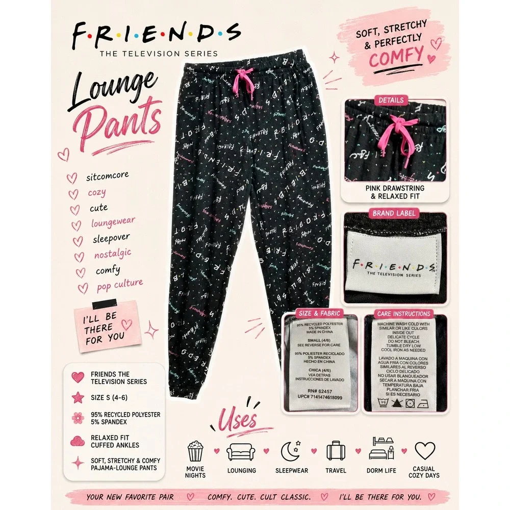 Friends Jogger Pants Black Multicolor Womens S TV Show Lounge Pajama Nostalgia